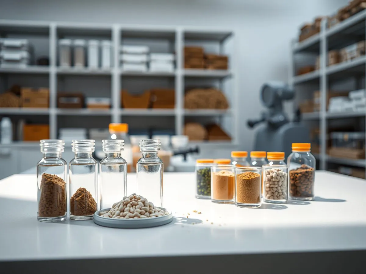 功能复配原料样品展示，实验室环境中的植物提取物粉末与液体