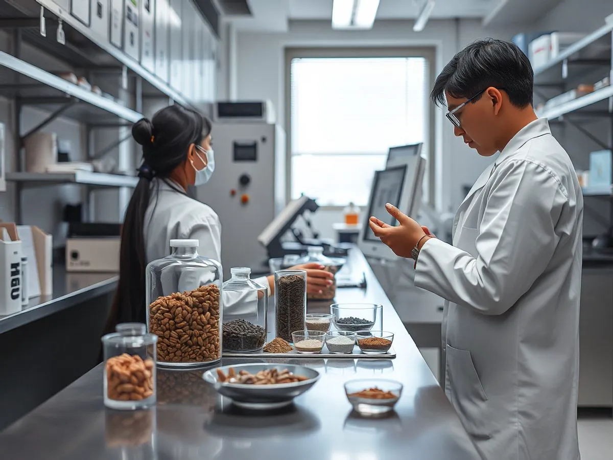 功能性食品配方开发实验室场景，研究人员查看植物提取物样品